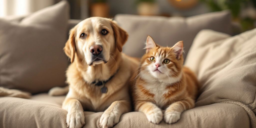 Calm dog and relaxed cat sitting together peacefully.