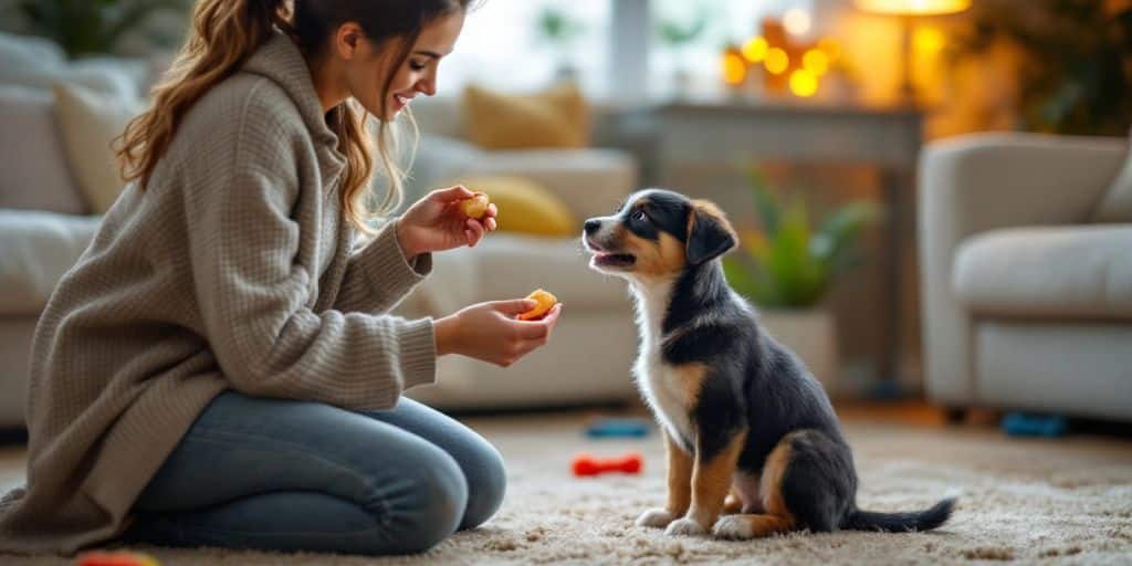 Owner training a puppy in a cozy living room.