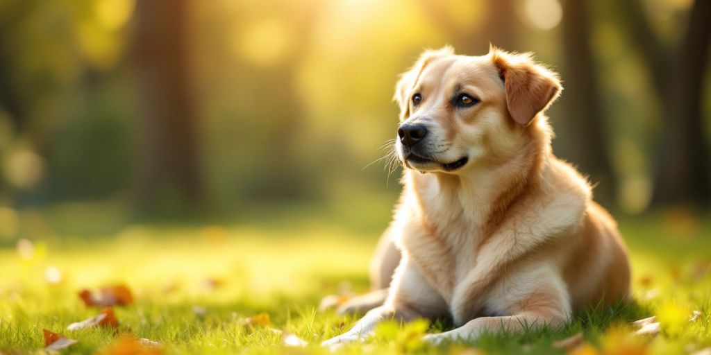 Calm dog sitting peacefully in a natural setting.