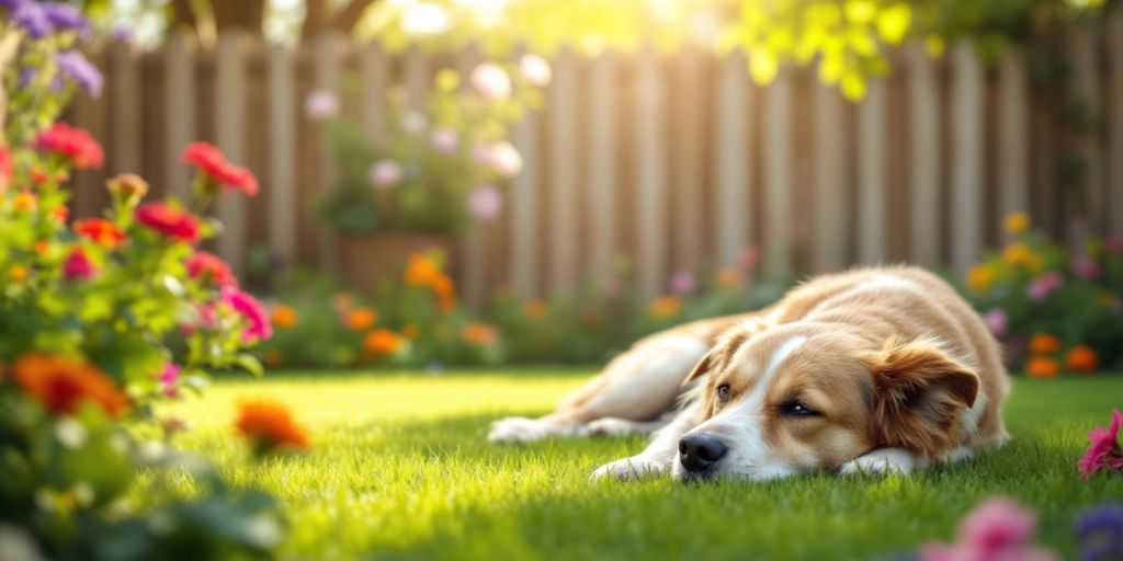 Calm dog resting in a peaceful backyard setting.