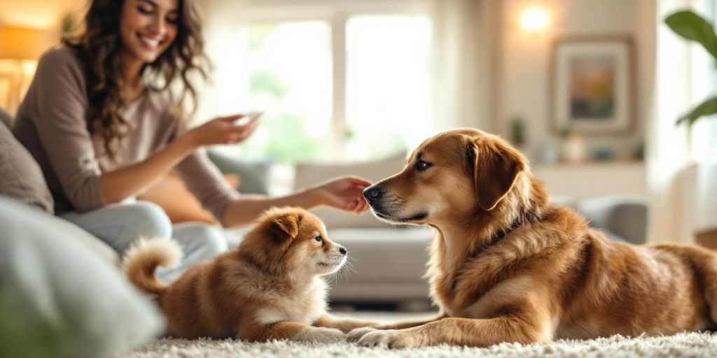 Calm dog and owner in a cozy living room.