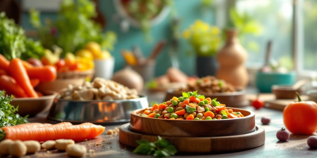 Homemade dog food ingredients in a bright kitchen.