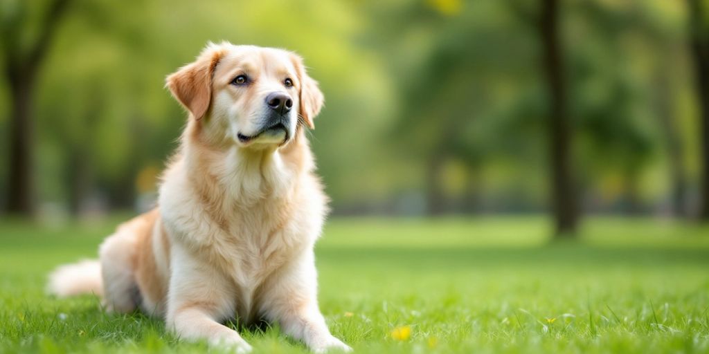 Calm dog in a peaceful park setting.