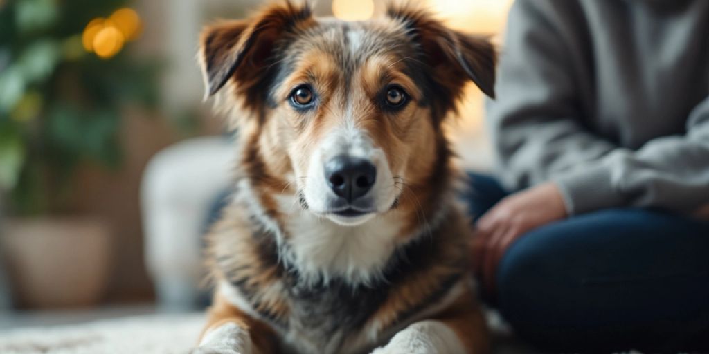 Calm dog and owner in a peaceful home setting.