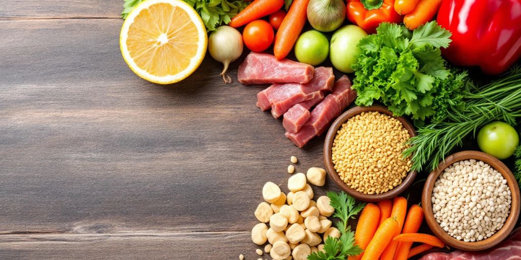 Colorful healthy dog food ingredients on a wooden surface.