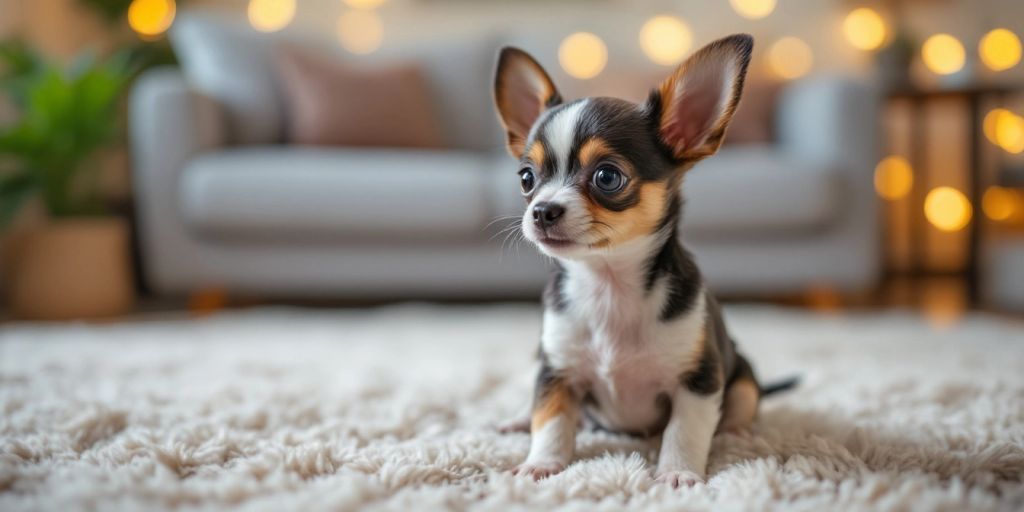 Cute Chihuahua puppy looking curiously at its owner.