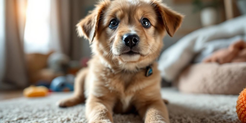 Curious puppy in a cozy home setting.