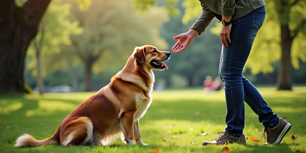 Calm dog with owner in a peaceful park setting.