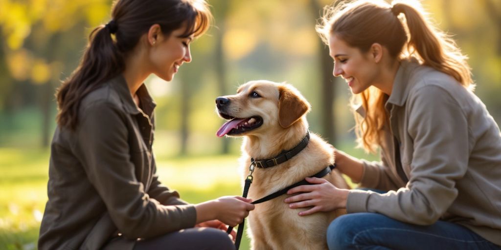 Calm dog with trainer in a peaceful park setting.