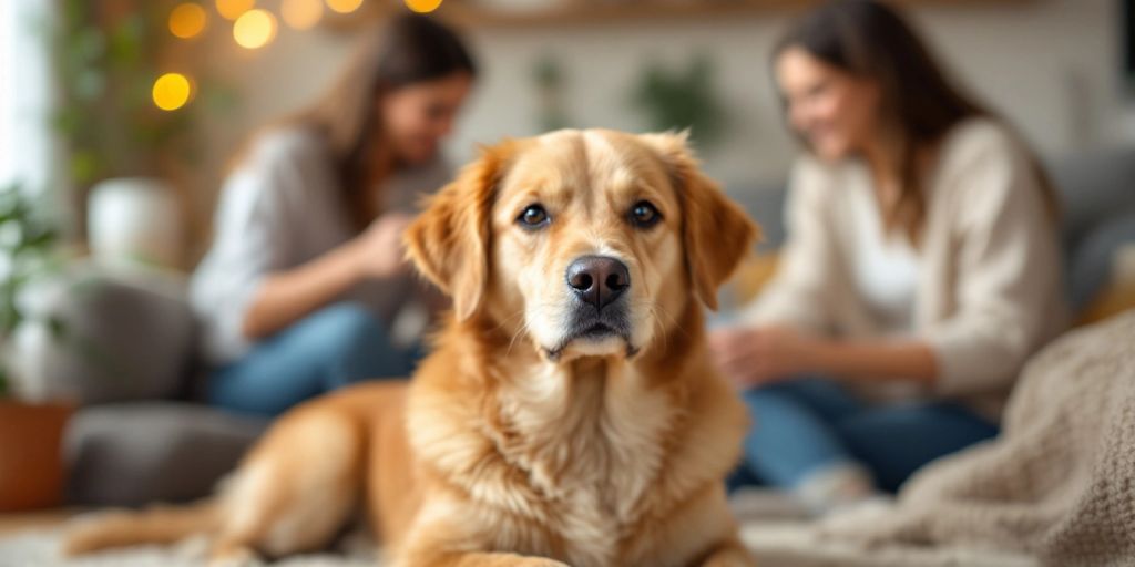 Calm dog in a cozy home with family.