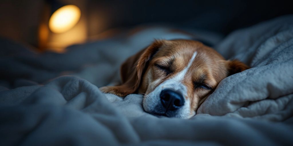 Sleeping dog in a cozy bedroom at night.