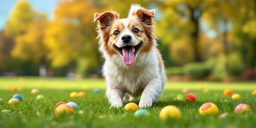 Happy dog playing fetch in a sunny park.