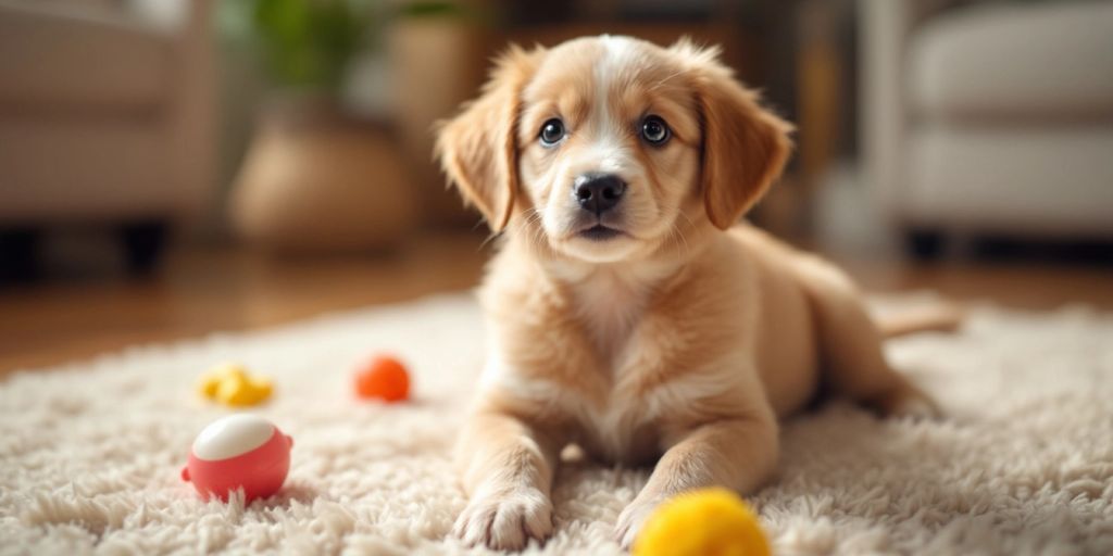 A cute puppy on a rug with toys.