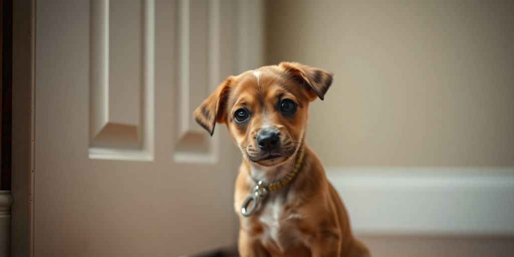 An anxious puppy sitting by a closed door.