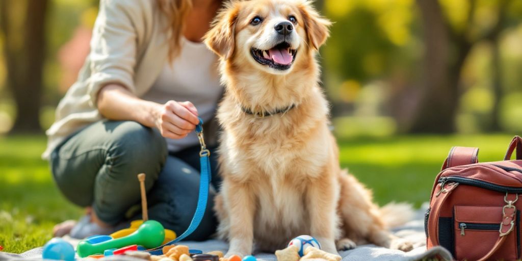 Dog training session in a sunny park with owner.