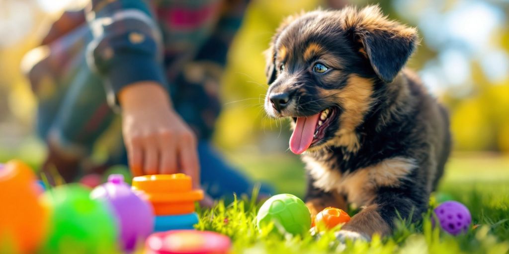 Playful puppy training with colorful toys in the park.