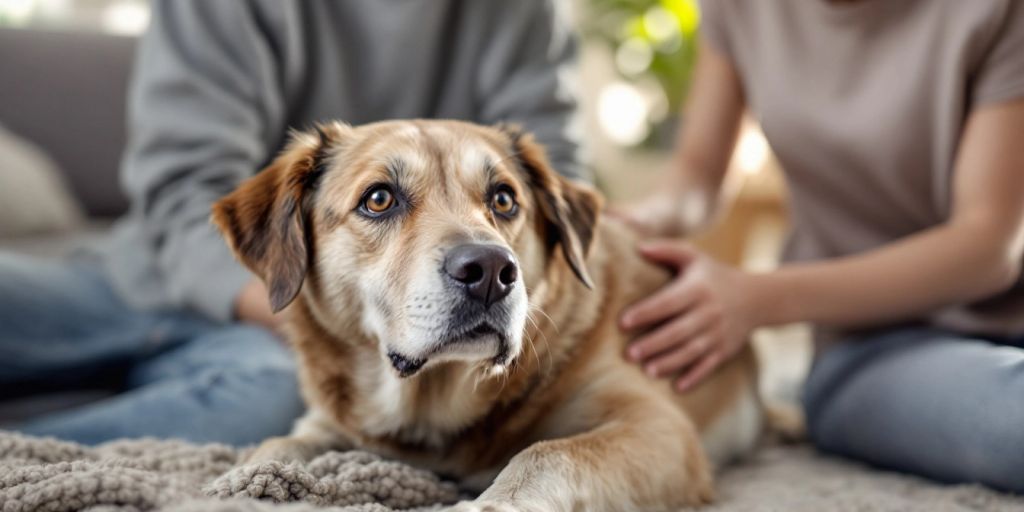 Calm dog with family member in cozy living room.