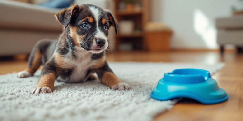 A playful puppy on a mat with training pad.