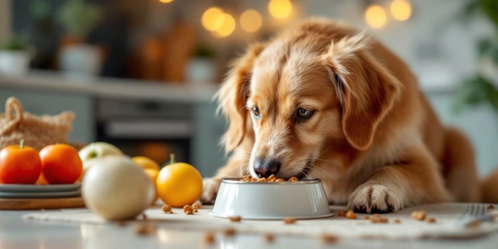 Calm dog eating peacefully from a bowl in a kitchen.