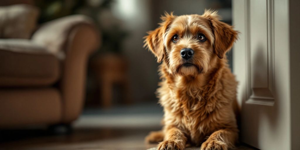 Sad dog waiting by a closed door.