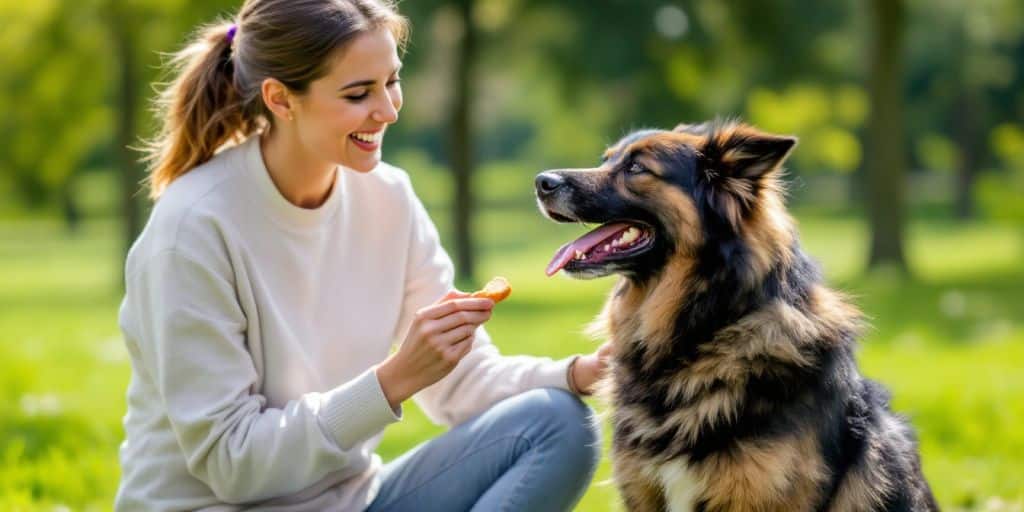 Dog training session in a sunny park with owner.