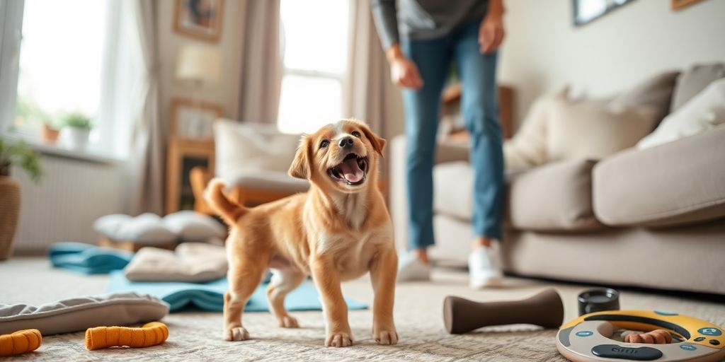 A puppy and its owner in a cozy living room.