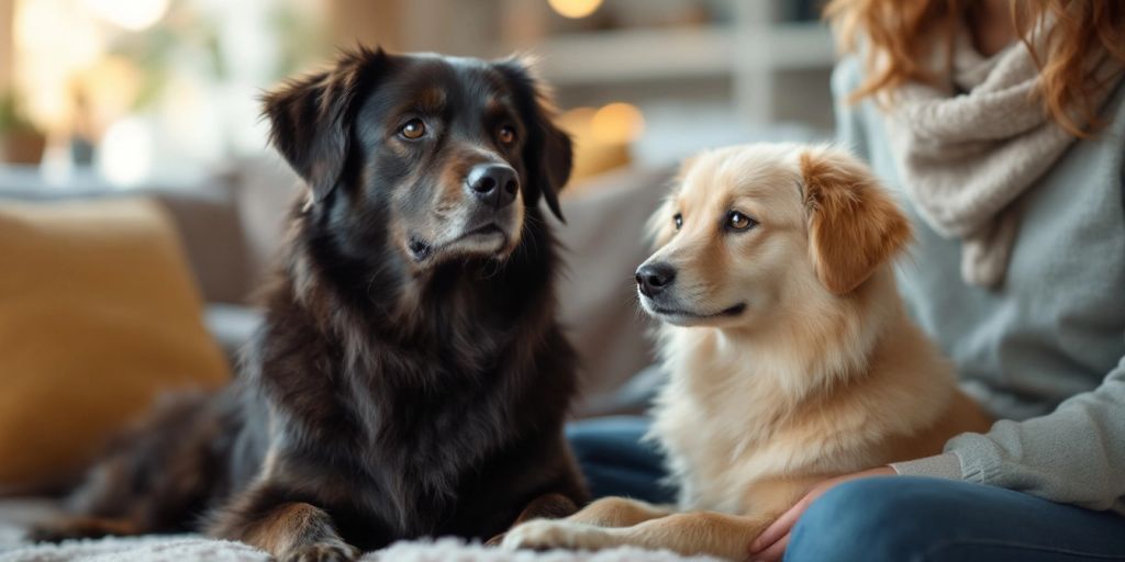 Calm dog beside relaxed owner in cozy living room.