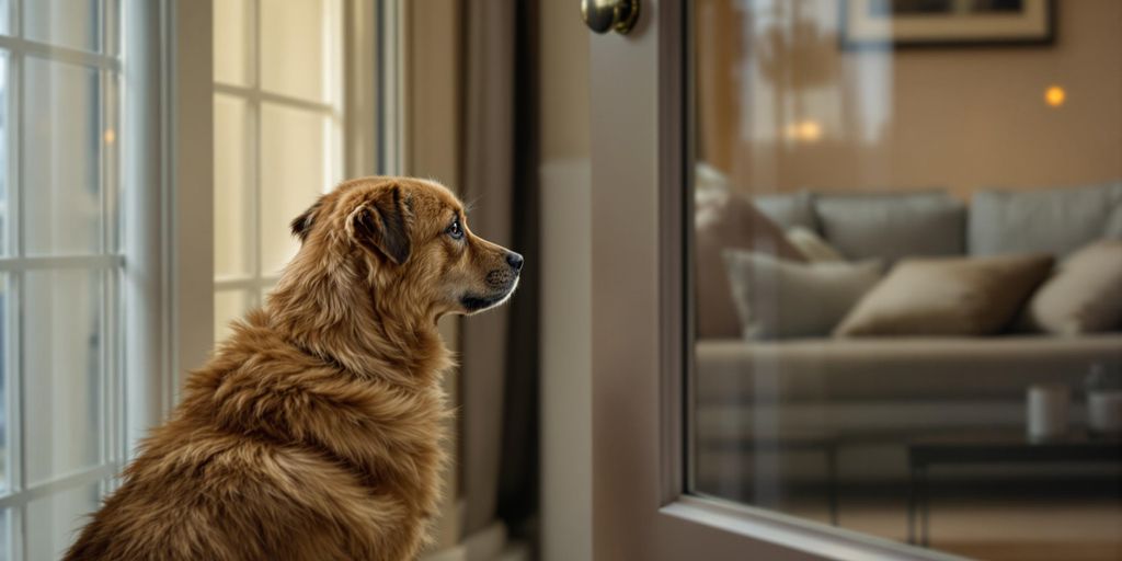 A sad dog waiting by the door.