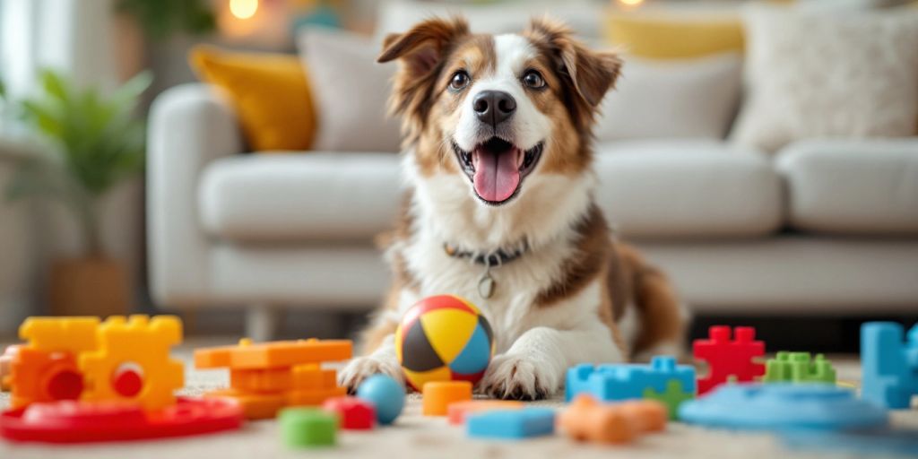 Dog playing with interactive toys in a cozy room.