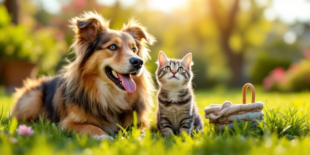 Healthy dog and cat in a sunny outdoor setting.