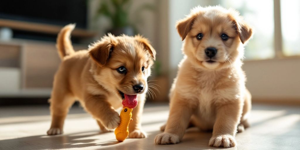 Two playful puppies in a sunlit living room.