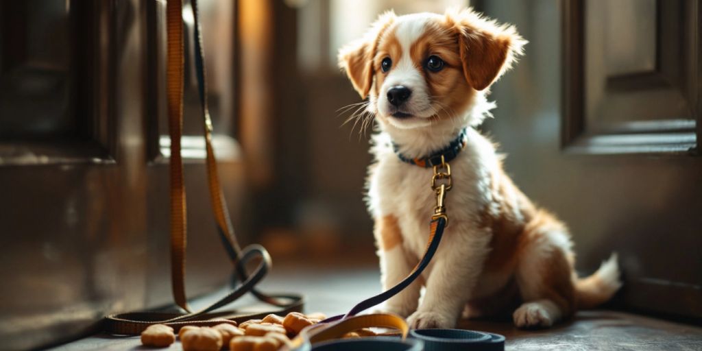 Playful puppy sitting by a door, eager for training.