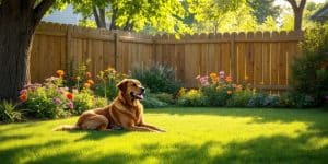 Calm dog resting in a peaceful backyard setting.