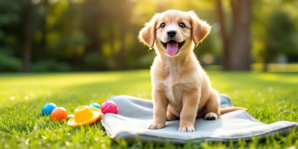 Young puppy sitting on grass with training pad nearby.