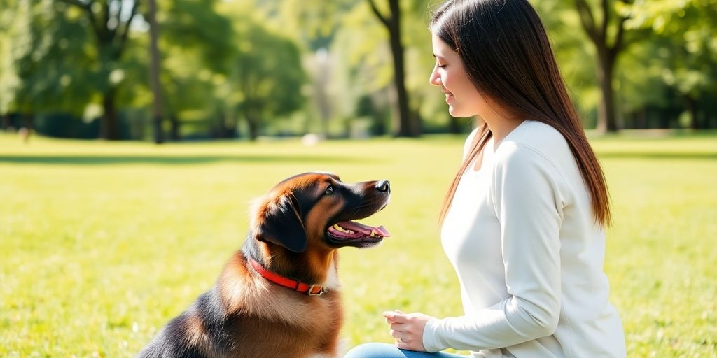 Dog and owner practicing training in a sunny park.