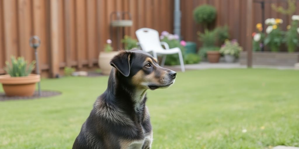 Calm dog near fence looking at neighbor's yard.