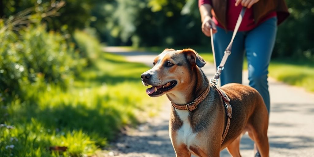 A dog walking calmly beside its owner on a trail.