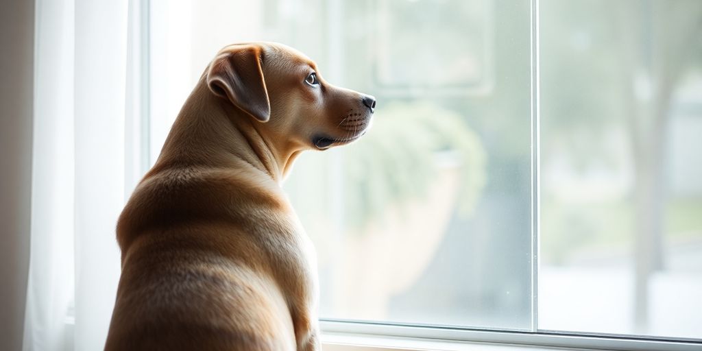 Dog looking out a window with a concerned expression.