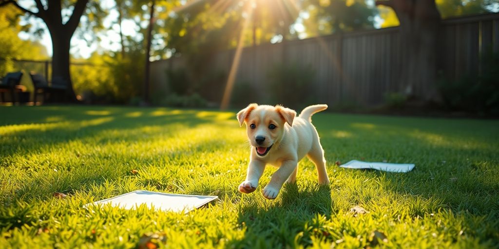 Playful puppy in green grass with training pads.