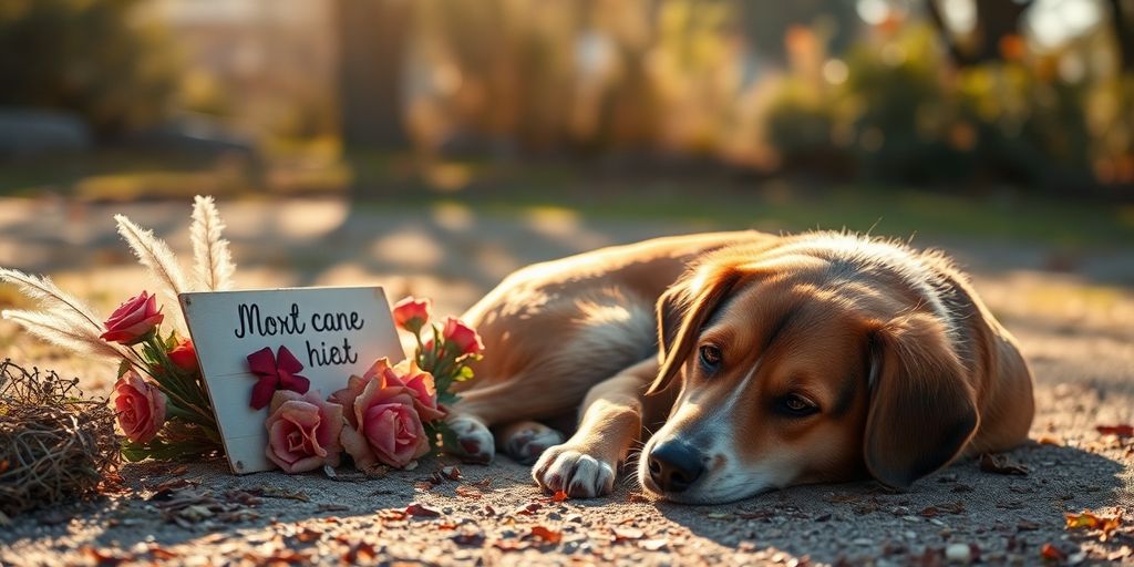 Dog beside a memorial for a deceased companion.