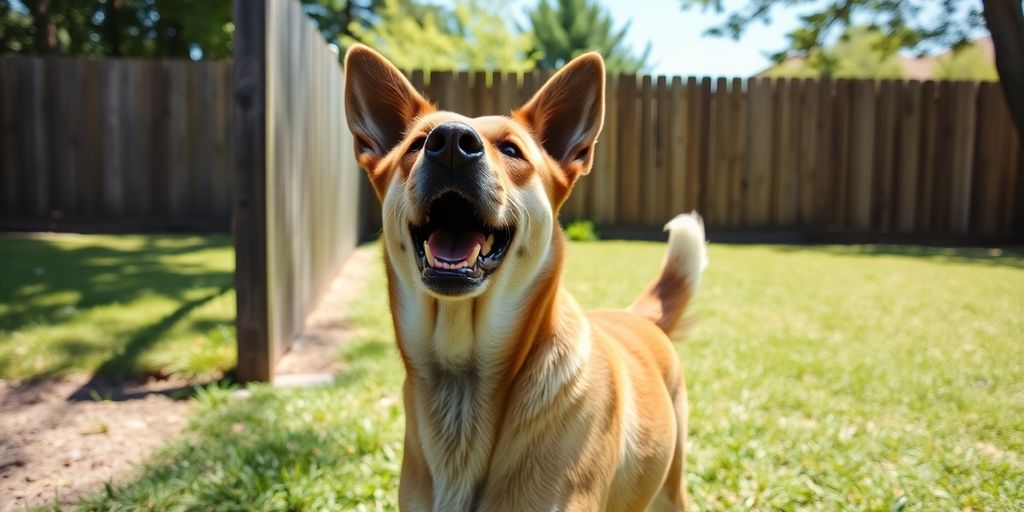 A dog barking at a wooden fence in a yard.