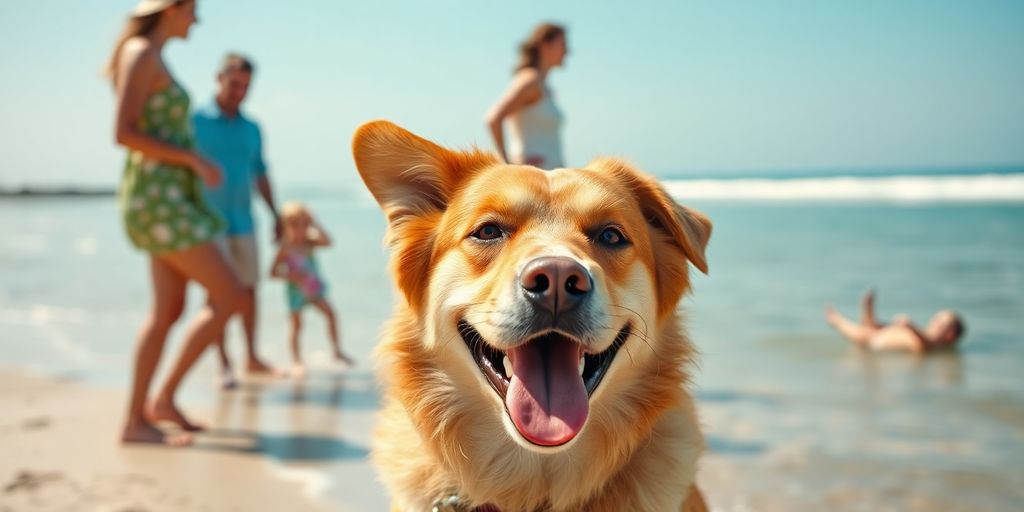 A happy dog enjoying a beach vacation with family.