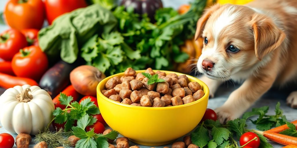 Bowl of holistic puppy food with fresh ingredients.