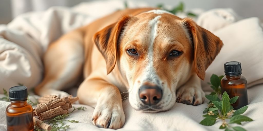 Calm dog resting with herbs for holistic care.