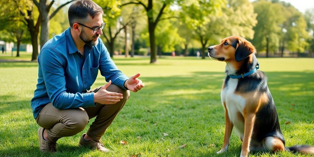 Dog owner training a dog in a sunny park.