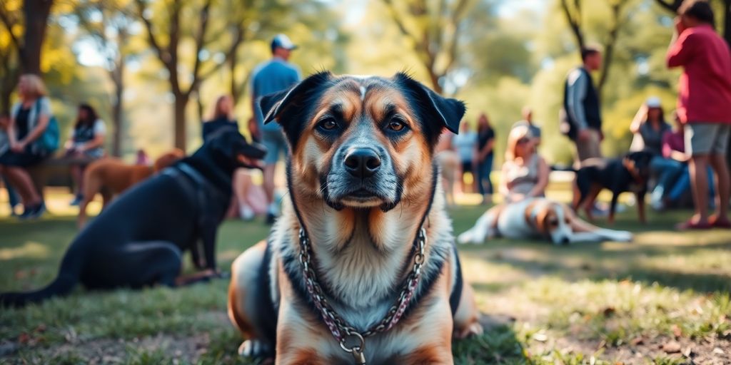 Calm dog in park, peaceful environment with others.