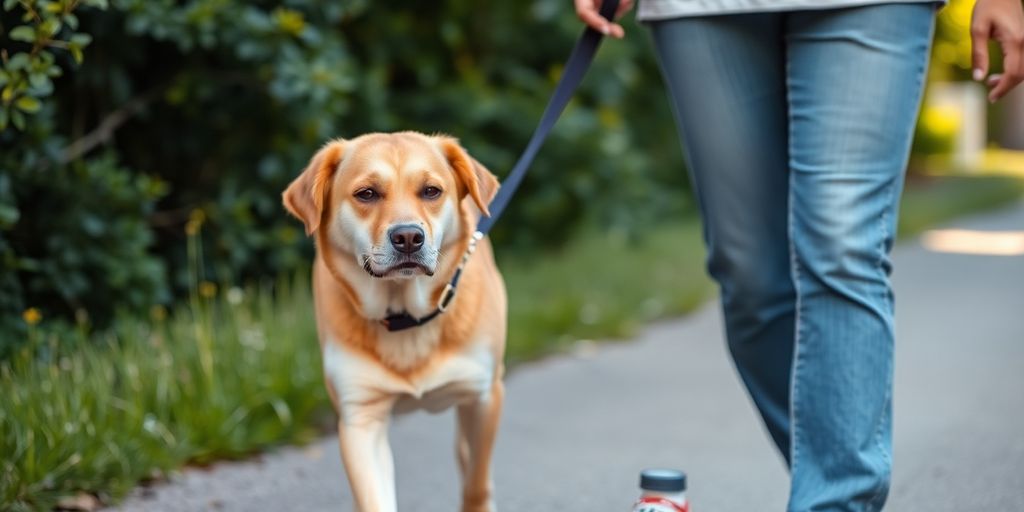 Dog walking calmly with owner in a green park.