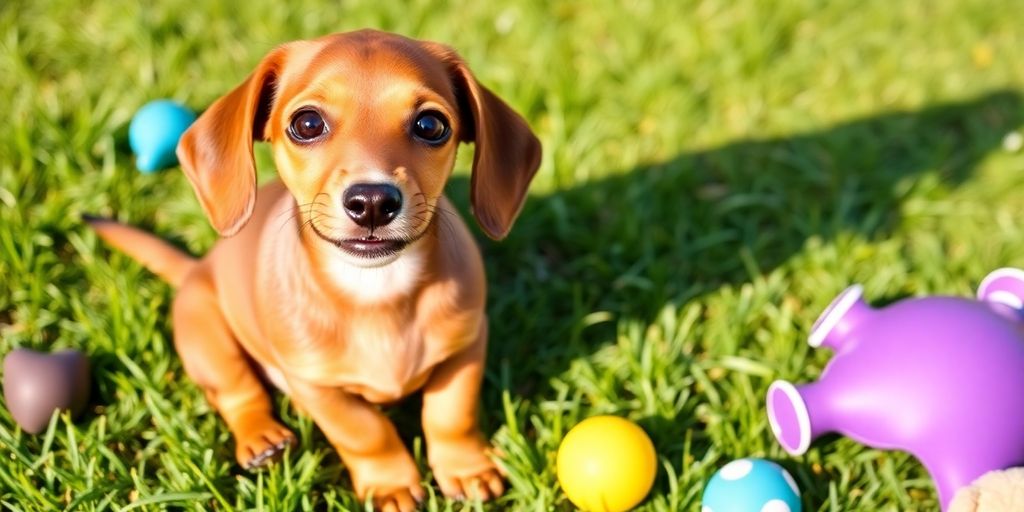 A playful Dachshund puppy on a grassy lawn.