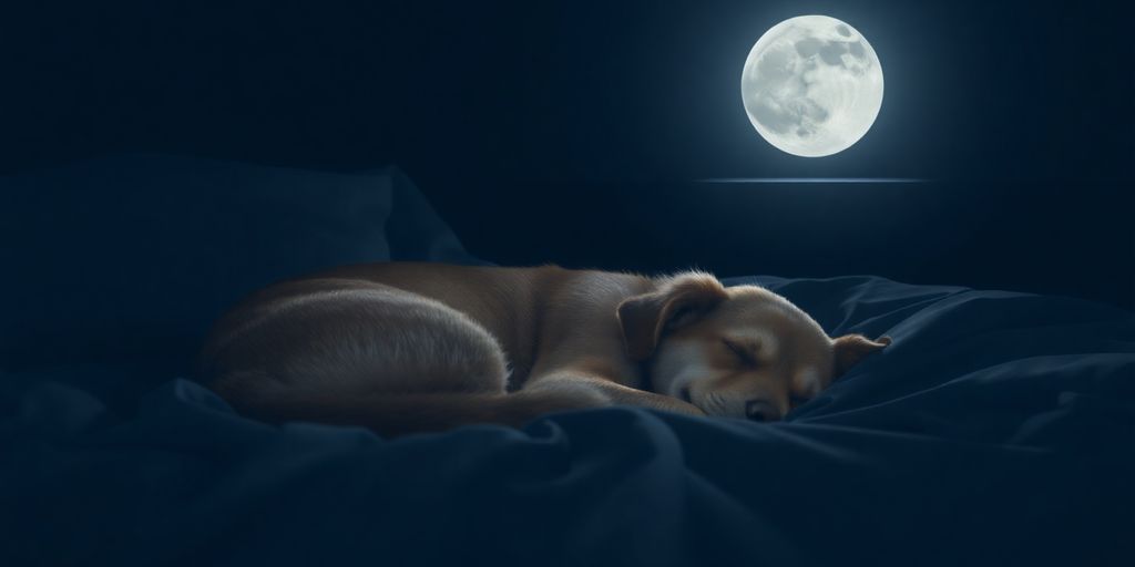 Sleeping dog in a cozy bed at night.