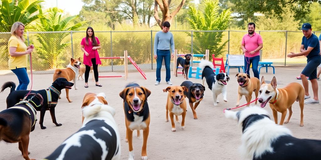 Dogs playing games with trainers in a sunny park.